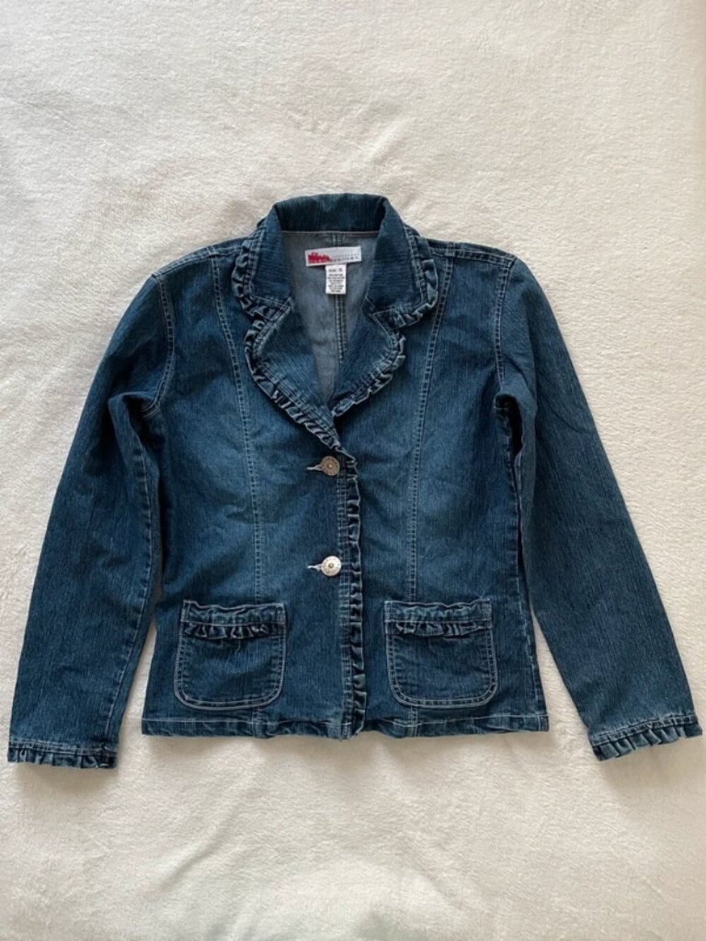 Vintage Y2K Dark Wash Denim Ruffle Blazer Jacket